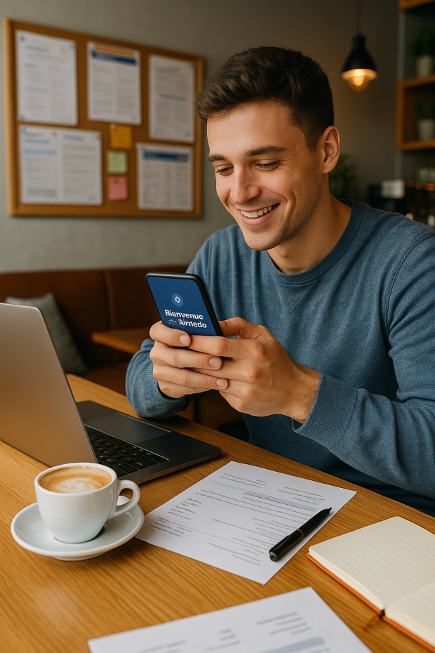 Un jeune intérimaire utilisant une plateforme de gestion sur son smartphone dans un café moderne.