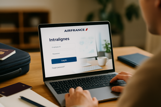 Une personne se connectant à son compte Intralignes Air France sur un ordinateur portable dans un cadre apaisant, avec des éléments de voyage en arrière-plan.