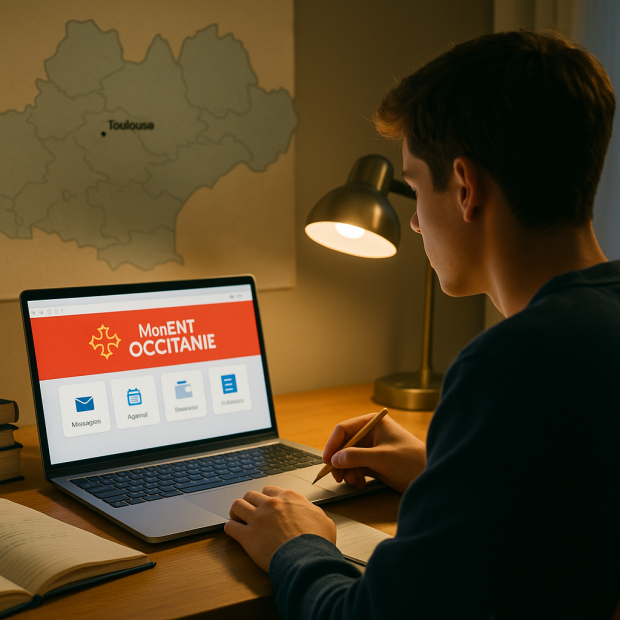 Un élève utilisant un ordinateur pour accéder à Mon ENT Occitanie, avec une ambiance chaleureuse et une décoration scolaire.