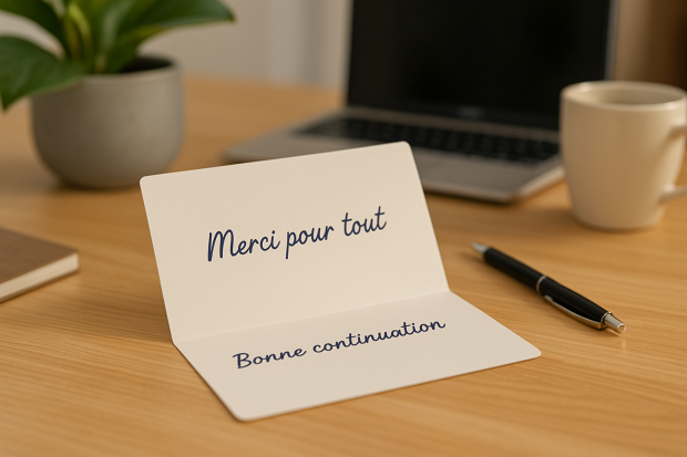 Une carte de vœux de départ sur un bureau de travail avec des mots d'encouragement.