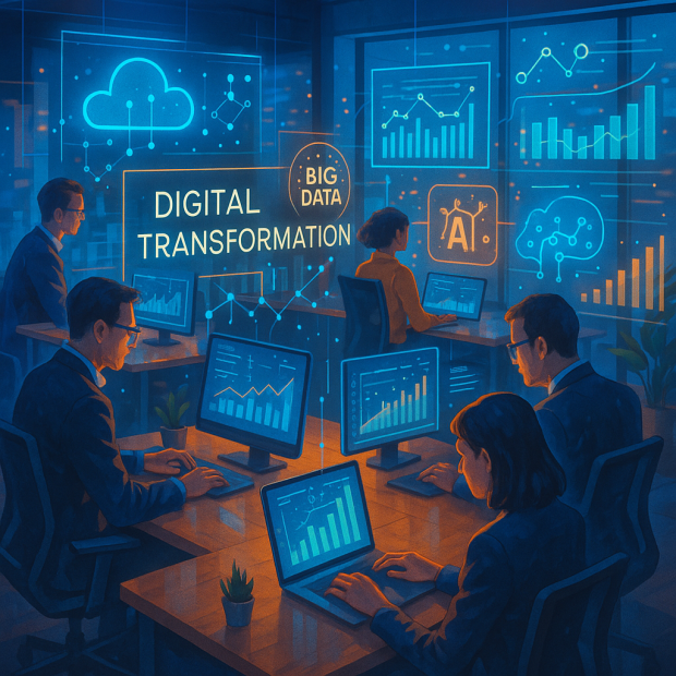 Scène d'un bureau moderne où des employés collaborent sur la transformation digitale avec des graphes de données en arrière-plan.