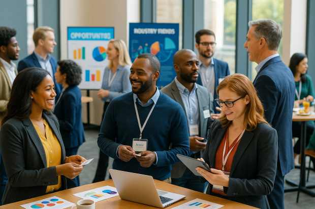 Scène d'un événement professionnel avec des entrepreneurs interagissant dans un environnement moderne et dynamique.