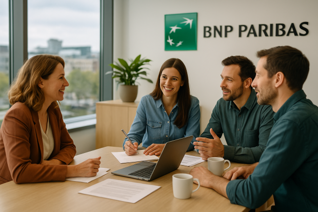 Scène de bureau moderne avec des employés collaborant chez BNP Paribas.