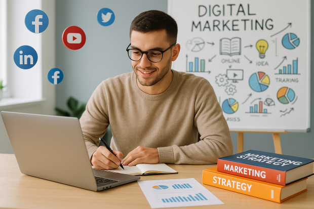 Étudiant d'une école de marketing digital en train d'étudier sur un ordinateur dans un environnement moderne