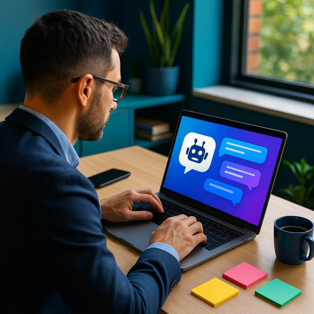 Professionnel explorant un chatbot sur un ordinateur dans un bureau moderne.