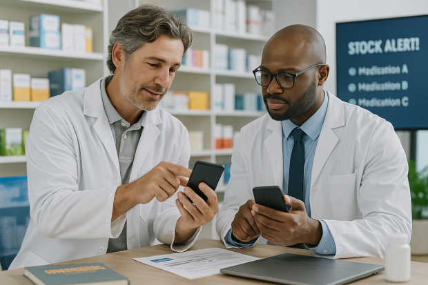 Pharmacien et médecin collaborant dans une pharmacie pour gérer les ruptures d'approvisionnement en médicaments."