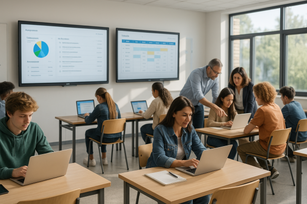 Plateforme éducative numérique E-Lyco en action dans une salle informatique moderne avec élèves et enseignants.