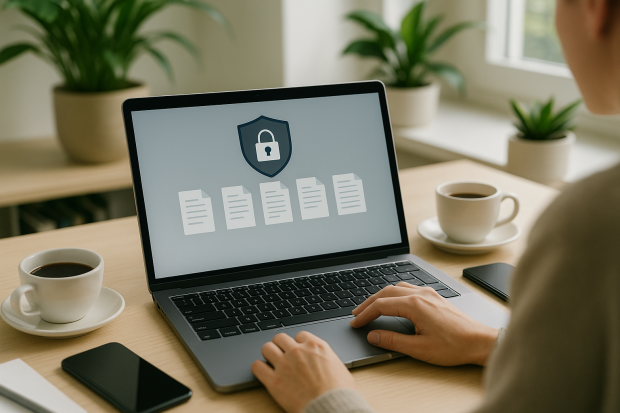 Personne utilisant un coffre-fort numérique sur un ordinateur portable dans un environnement de travail moderne.