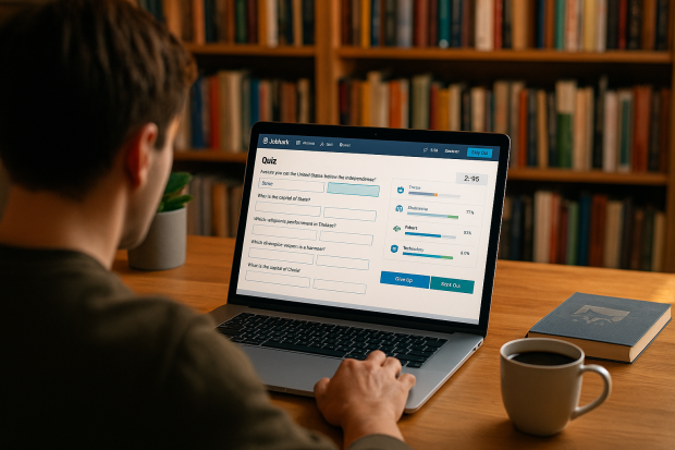 Personne utilisant un ordinateur portable pour résoudre un quiz interactif sur JetPunk dans une bibliothèque lumineuse.