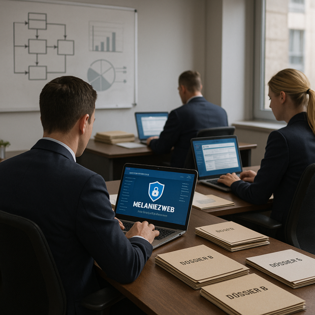 Agents gouvernementaux au bureau utilisant la messagerie sécurisée Melanie2web sur leurs ordinateurs portables.