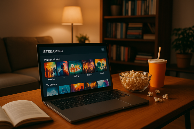 Ordinateur portable ouvert sur un site de streaming avec snacks et ambiance chaleureuse.