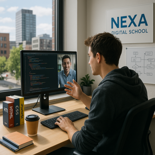 Scène d'un développeur web en alternance chez Nexa travaillant dans un bureau moderne avec un ordinateur, des livres de programmation et une vue urbaine."
