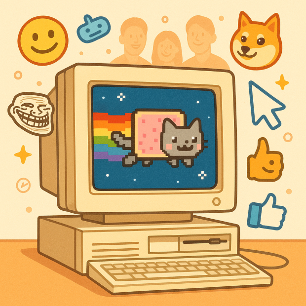 Illustration d'un écran d'ordinateur affichant Nyan Cat, symbolisant la nostalgie et la culture des mèmes d'Internet.