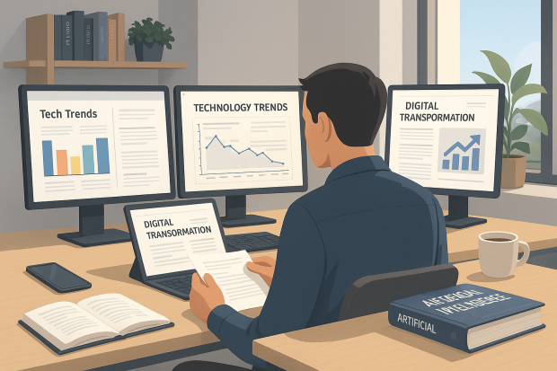 Bureau moderne affichant des articles sur les tendances numériques avec un professionnel consultant des documents.