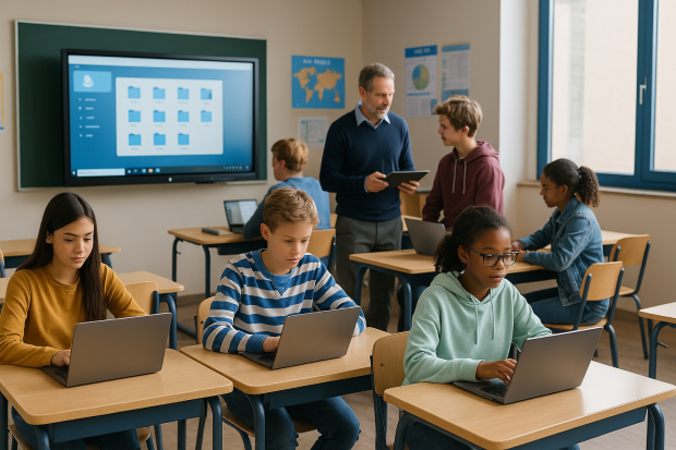 Espace numérique de travail moderne dans un collège, avec élèves et enseignants utilisant des ordinateurs et des tableaux interactifs.