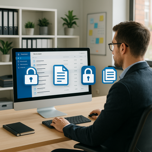Un professionnel utilise une application de gestion documentaire sur son ordinateur dans un bureau moderne, symbolisant la sécurité et l'efficacité.