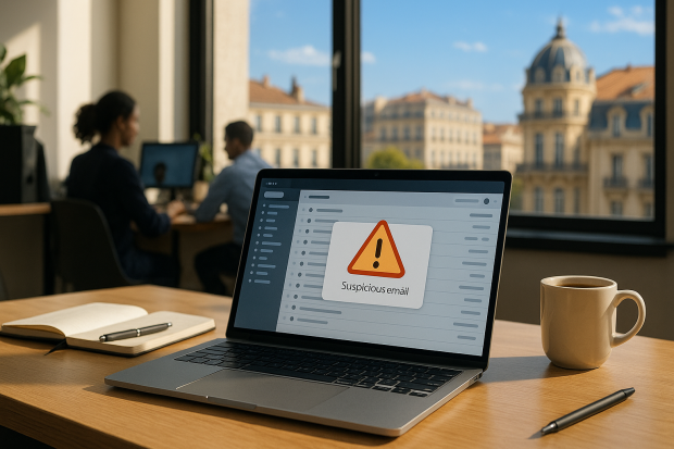 Scène de bureau moderne à Montpellier avec un ordinateur montrant une alerte d'e-mail suspect et des objets de bureau.